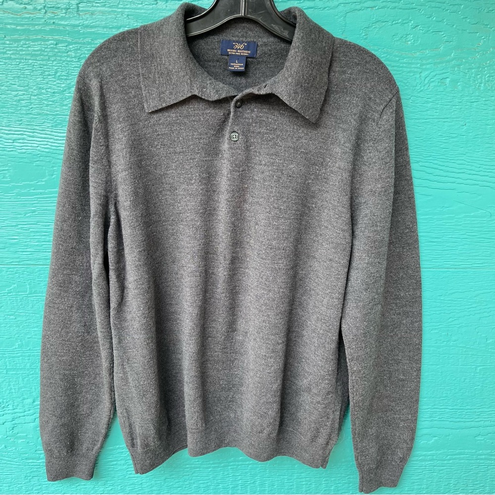 BROOKS BROTHERS 100% MERINO WOOL POLO STYLE PULLOVER GRAY SWEATER SIZE LARGE